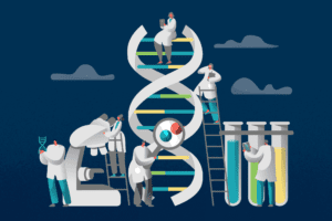 Scientists researching DNA and information design for healthcare communication.